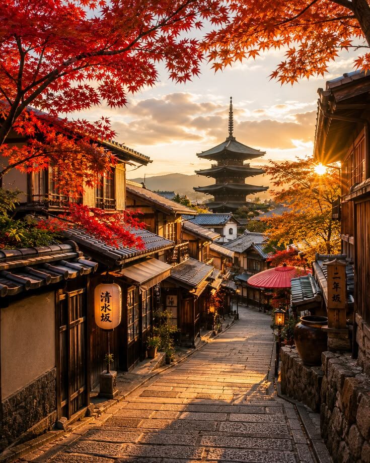 Phố cổ Kyoto với tháp chùa và những tán lá phong đỏ vào mùa thu