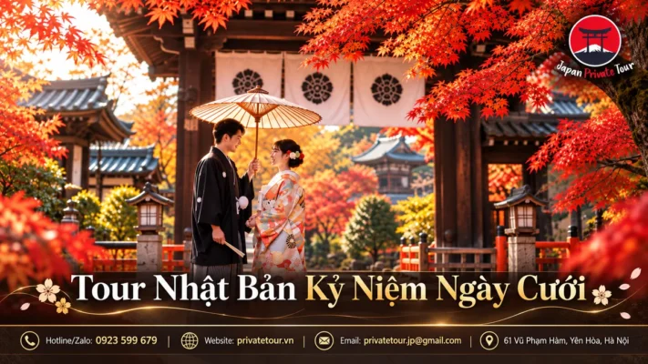 Ảnh minh họa tour Nhật Bản kỷ niệm ngày cưới dành cho cặp đôi, với khung cảnh mùa lá đỏ tại Kyoto, trang phục truyền thống Nhật Bản và thông tin liên hệ Japan Private Tour.