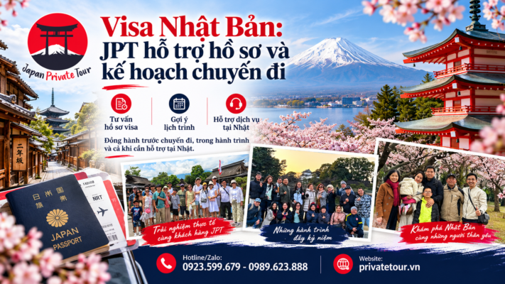 tạo hình ảnh minh họa bao gồm logo công ty Japan Private Tour, sdt, ảnh minh họa thực tế, ảnh thật, địa danh thật với tiêu đề Visa Nhật Bản: JPT hỗ trợ hồ sơ và kế hoạch chuyến đi
