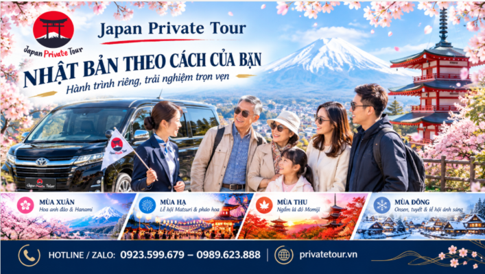Gia đình ba thế hệ tận hưởng hành trình riêng tại Nhật Bản với khung cảnh núi Phú Sĩ, phương tiện riêng và sự đồng hành xuyên suốt chuyến đi.