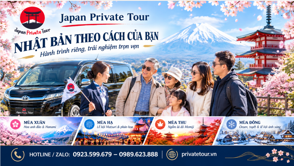 Gia đình ba thế hệ tận hưởng hành trình riêng tại Nhật Bản với khung cảnh núi Phú Sĩ, phương tiện riêng và sự đồng hành xuyên suốt chuyến đi.